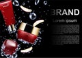 Cosmetic ads template, red cosmetic set sinking in water Royalty Free Stock Photo