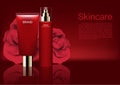 Cosmetic ads template, cosmetic set with red charming roses Royalty Free Stock Photo