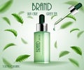 Cosmetic ads template treatment. Green tea skin care serum bottle with tea leaves and essence drop. 3d cosmetic product