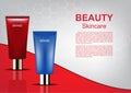 Cosmetic ads template, cosmetic tube on red white background