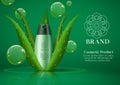 Cosmetic aloe vera product vector template design. Cosmetic shampoo product with aloe vera plant extract for hair shower mock up.