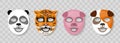 Cosmetic animal face mask. Skin caring cotton masks with funny animal faces design, panda and tiger, pig and dog. Realistic
