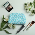 Cosmetic bag, cosmetics and alstroemeria on white background Royalty Free Stock Photo