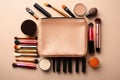 Cosmetic bag and different luxury makeup products on color background, flat lay. Space for text Royalty Free Stock Photo