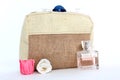 Cosmetic bag from natural jute Royalty Free Stock Photo