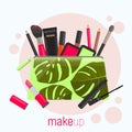 Cosmetic bag with a pattern of tropical leaves. Cosmetic bag with tools for professional make-up: lipstick, mascara