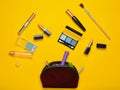 Cosmetic bag and women's cosmetics for make-up layout on a yellow background. Cosmetic shadows, make-up brush Royalty Free Stock Photo