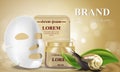 Cosmetic banner with 3d realistic bottles for skincare cream, with white sheet facial cosmetic mask. Poster template
