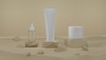 Cosmetic beauty products on desert stone 3D render illustration