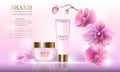 Cosmetic beauty set of body cream for skin care with orchids on a pink background. Template for banners, pages, ads. Vector.