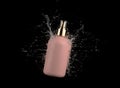 Cosmetic beige bottle in water splash isolated on black background 3D render, hair and bory care products packaging and