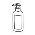 Cosmetic bottle. Black simple line soap dispenser. Sanitizer line art. Hand drawn icon. Virus and bacteria prevention. Vector