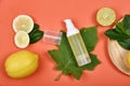 Cosmetic bottle containers with fresh lemon slices, Blank label for branding mock-up, Natural Vitamin C skincare beauty