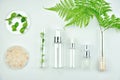 Cosmetic bottle containers with green herbal leaves, Blank label package for branding mock-up Royalty Free Stock Photo
