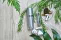 Cosmetic bottle containers packaging with green herbal leaves, Blank label for organic branding mock-up. Royalty Free Stock Photo