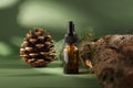 Cosmetic bottle with dropper on a wooden bark and moss. Pine tree essential oils on a green background Royalty Free Stock Photo