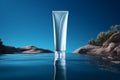 Cosmetic bottle elegantly displayed on a water surface in 3D rendering