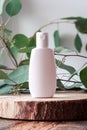 Cosmetic bottle with green leaves of eucalyptus, vertical mock-up.