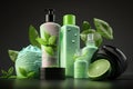 cosmetic bottle with green lime and mint leaf illustration Generative AI Royalty Free Stock Photo