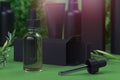 Bottle dropper with olive oil. glass container near Olive branch. 3d rendering.