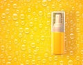 Cosmetic bottle spray with bubbles or water drops on yellow background, 3d render. Face or body oil, essence or serum