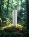 Cosmetic bottle stands on forest moss illuminated by ray of sunlight from above. Mockup of white plastic packaging. AI generated Royalty Free Stock Photo