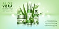 Cosmetic bottles. Ad poster design. Makeup and skincare natural products. Aloe vera gel. Moisturizing cream. Beauty