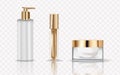 Cosmetic bottles. luxury Realistic golden packaging for serum, cream, shampoo, balm. Vector cosmetic mockup isolated on Royalty Free Stock Photo