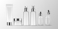 Cosmetic bottles. Moisturizing cream. 3D product packaging mockup. Skincare lotion phial or tube. Glass container. Empty