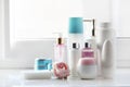 Cosmetic bottles set,shower items,body care products.Bathroom cosmetics