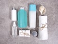 Cosmetic bottles set top view.Bath items,shower gel,soap and towel.Body care products.Healthcare and hygiene Royalty Free Stock Photo