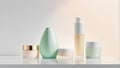 Cosmetic bottles on the white table. Cosmetic products presentation