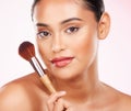 Cosmetic brush, portrait and woman for glow, beauty and face makeup treatment with tool. Skin, natural and headshot of Royalty Free Stock Photo