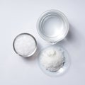 Cosmetic chemicals ingredient on laboratory table. Microcrystalline wax, Potassium chloride KCl Royalty Free Stock Photo