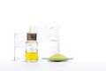 Cosmetic chemicals ingredient on white laboratory table. Emulsifier, Ethanolamine, Acid, Cetyl Alcohol