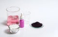 Cosmetic chemicals ingredient on white laboratory table. Potassium Permanganate Liquid, KMnO4, Serum bottle with dropper and