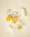 Cosmetic composition of citrus scrub, orange, laim and natural bath accessories Royalty Free Stock Photo