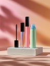 cosmetic containers are arranged on a rectangular block against a gradient background of pink and orange hues Royalty Free Stock Photo