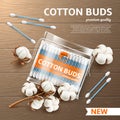 Cosmetic cotton buds poster. Realistic ear swabs pack, cotton inflorescences, cosmetic product, hygiene and skin care