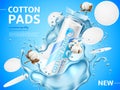 Cosmetic cotton pads poster. Realistic round makeup soft discs, advertising banner, water splashes and inflorescences