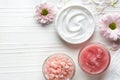 Cosmetic cream, body scrub and bath salt Royalty Free Stock Photo