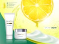 Cosmetic cream with citrus fruit lemon. Packing brand with label