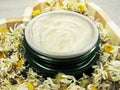 Cosmetic cream for face care and daisy flowers Royalty Free Stock Photo