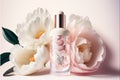 cosmetic cream in a glass bottle and peony flowers on a pink background