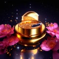 Cosmetic cream in a golden box on a dark background with peony flowers. 3d rendering Generative AI