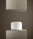 Cosmetic cream jar podium. Natural stone pedestal. 3d illustration.