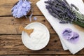 Cosmetic cream and lavender flowers Royalty Free Stock Photo