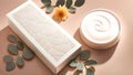 Cosmetic cream product presentation with leaves and flowers