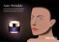 Cosmetic cream with purple aura and lady face on dark background