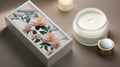 Cosmetic cream in a white box, beautiful cosmetic box with a flower pattern on a minimalist background